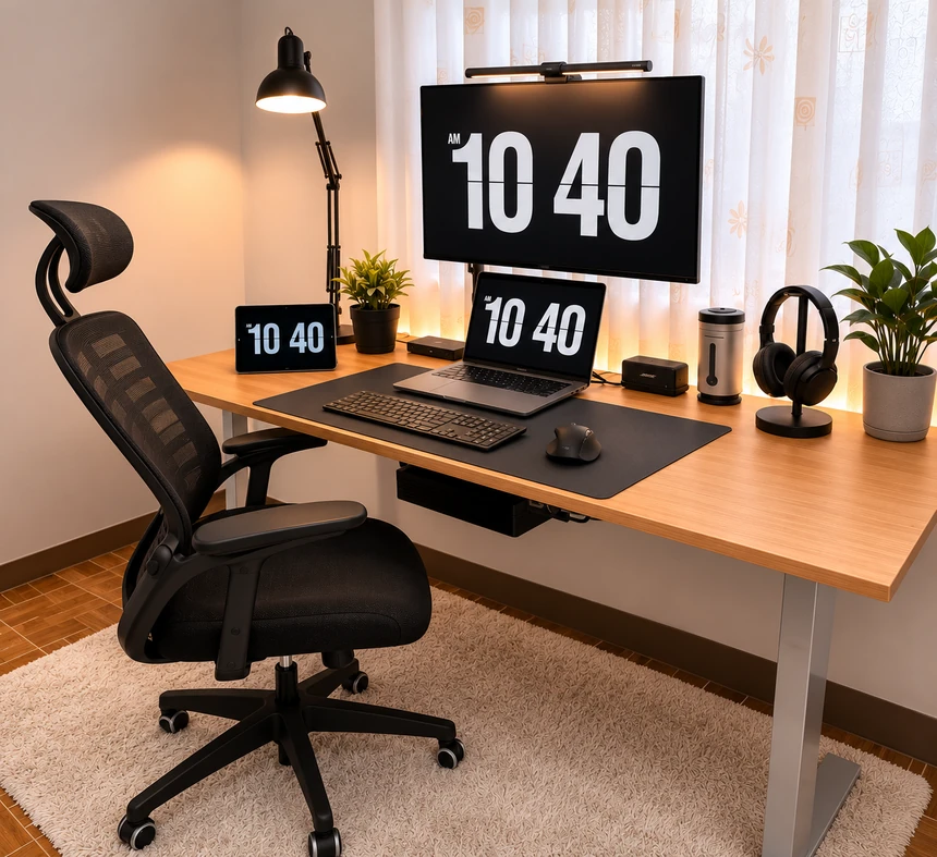 Aung Zaw Win's desk in Mandalay — monitor, laptop and keyboard set up for remote work
